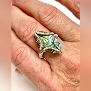 HAND CRAFTED Abalone Wire Wrapped Silver Plate Fashion Ring Size 6 1/2, Handmade
